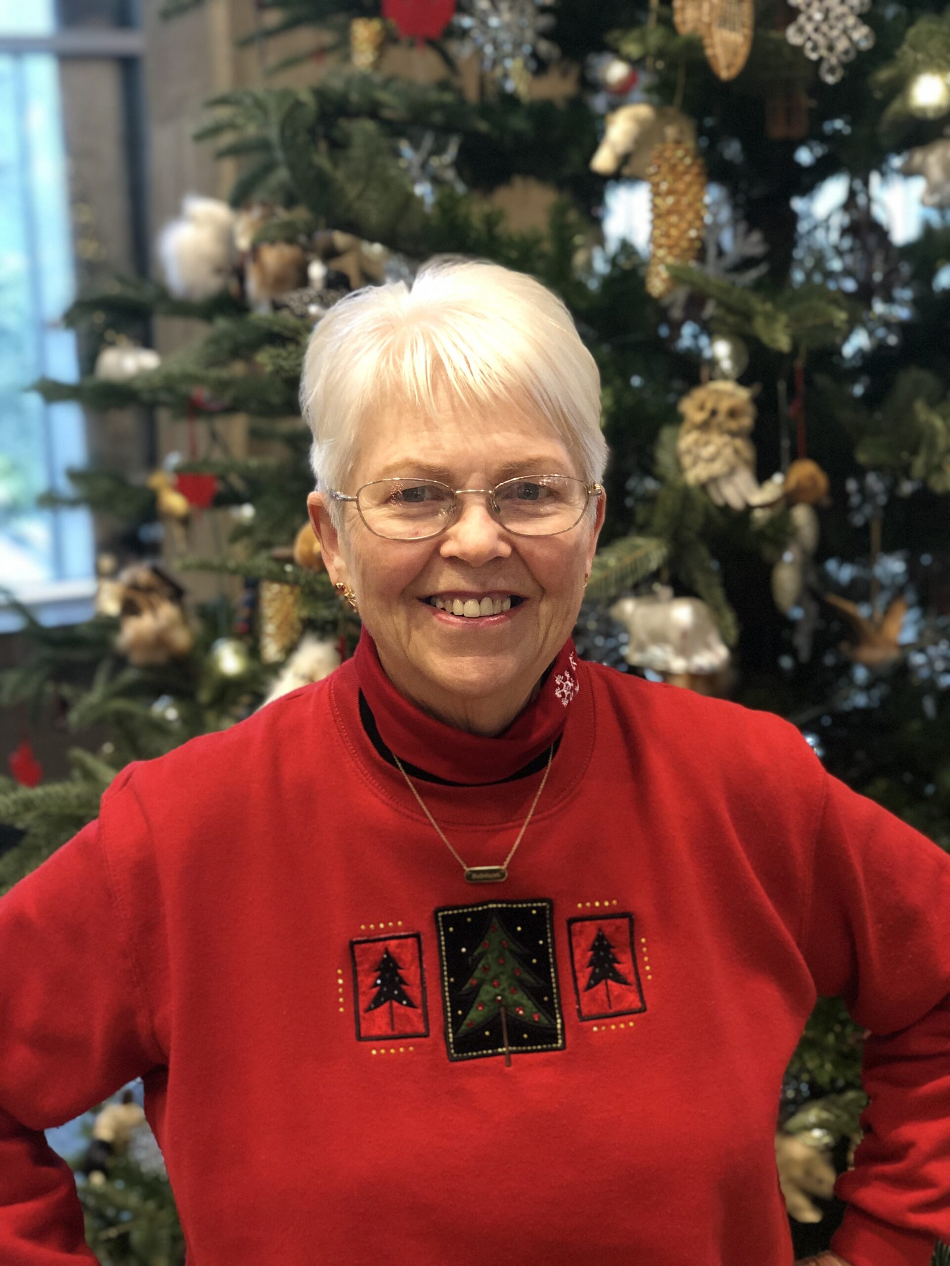 Person in festive holiday sweater.